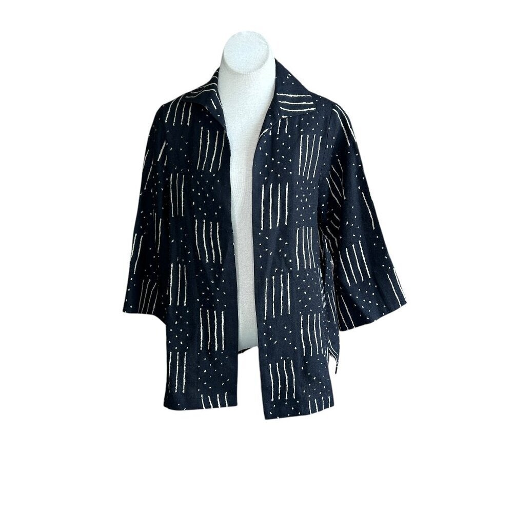 Connie Roberson Black and White Linen Open Drape Casual Lightweight Jacket